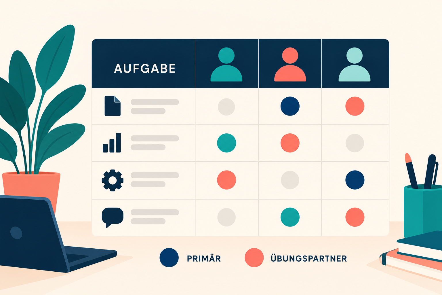 Kompetenzabdeckungsmatrix mit primär Verantwortlichem und Übungspartner für jede KI-Aufgabe
