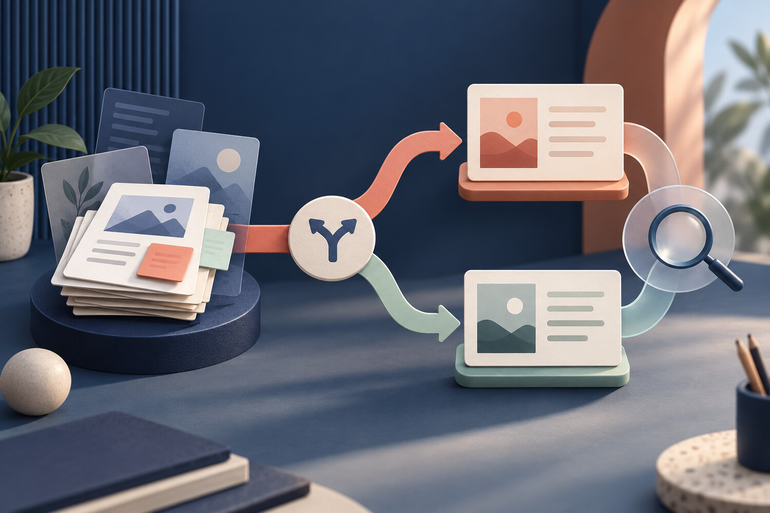 A work conversation branches at one decision point into two alternatives that meet at a shared comparison lens.