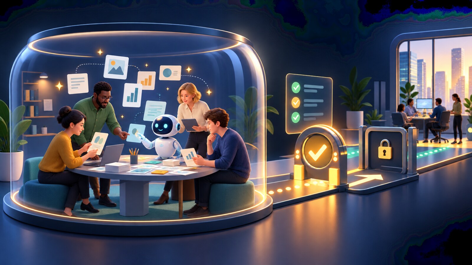Employees rehearse an AI-assisted task with fictional data inside a protected practice space before a human review gate.