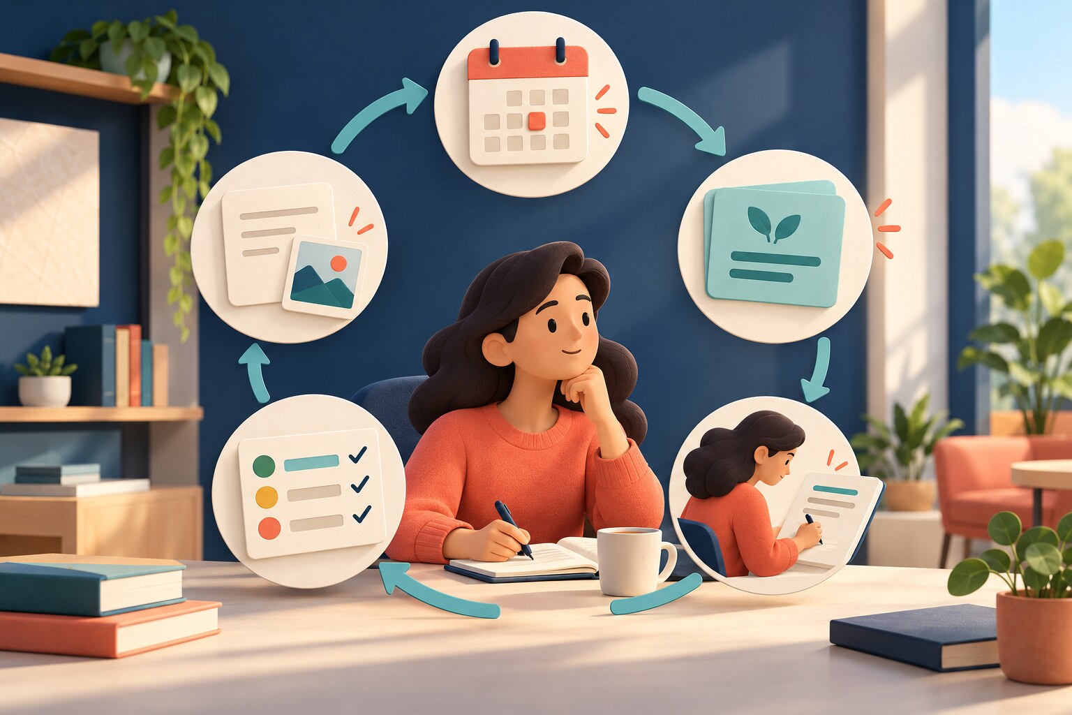A weekly calendar starts a five-stage loop: safe practice card, focused exercise, rubric check, evidence note and the next scheduled rehearsal.