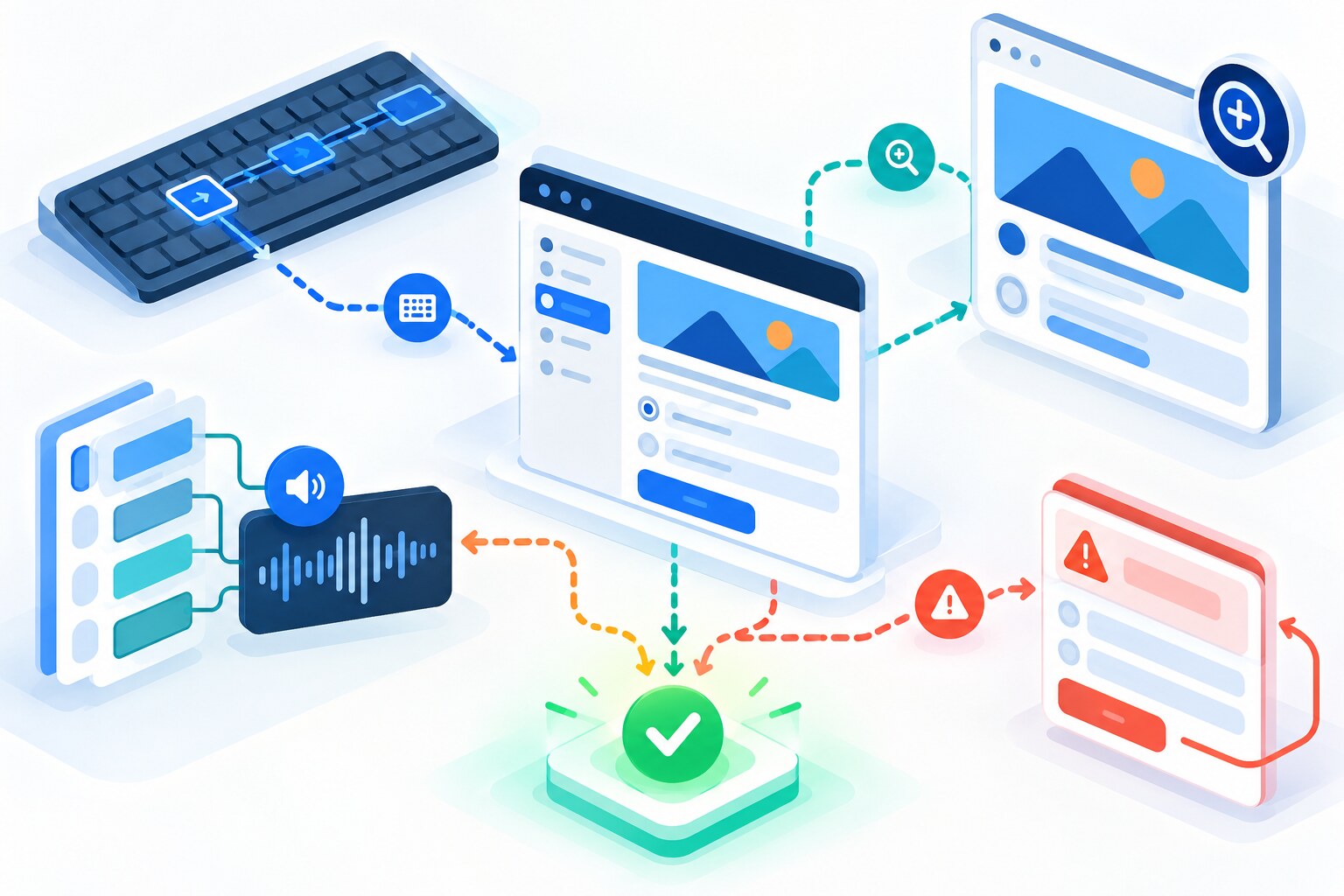 An AI learning mission is tested with keyboard focus, zoom and reflow, screen-reader structure, and clear error recovery before completion.