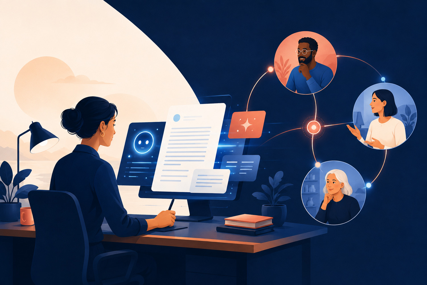 Knowledge worker balancing focused AI-assisted document work with deliberate human conversations