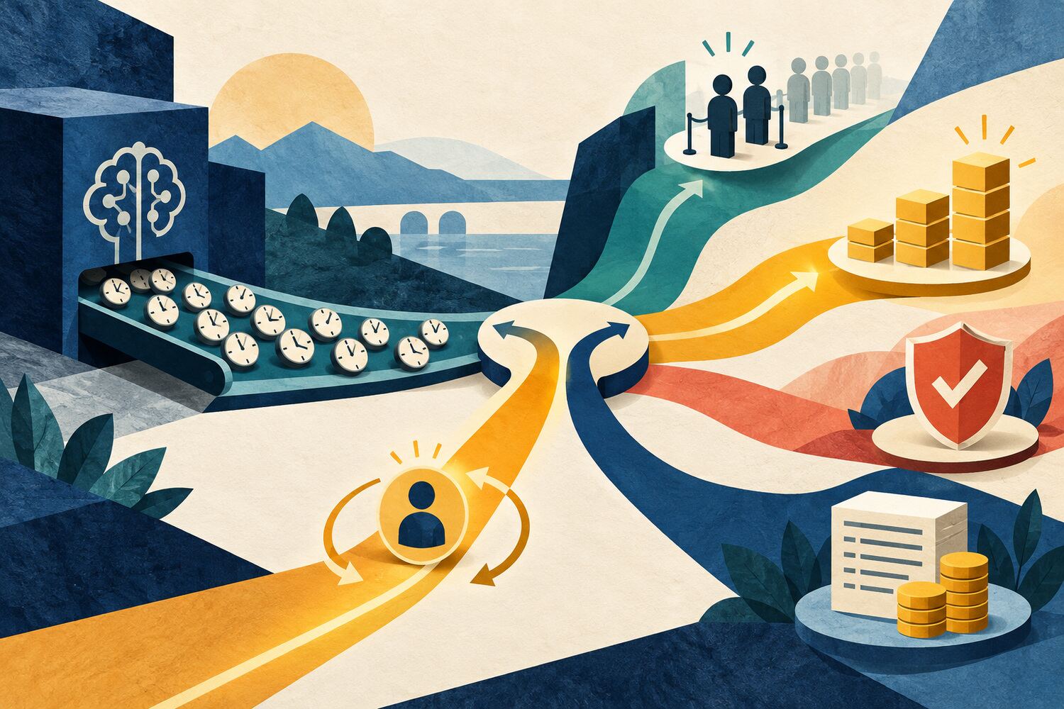 Illustration der durch einen KI-Workflow frei werdenden Zeit, verteilt auf Tempo, Durchsatz, Qualität und Kosten