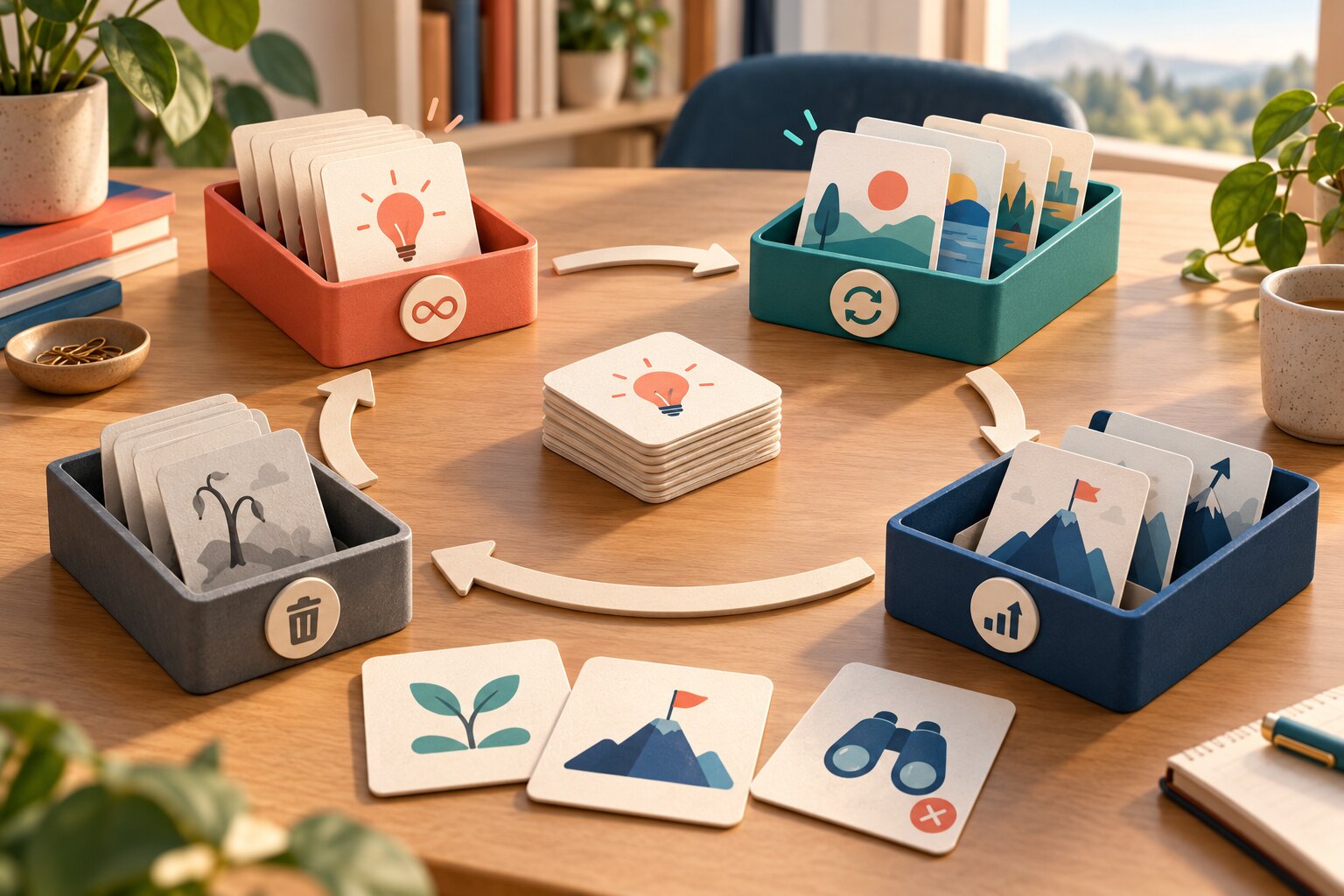 Four trays cycle AI practice cards through repeat, rotate, stretch and retire decisions