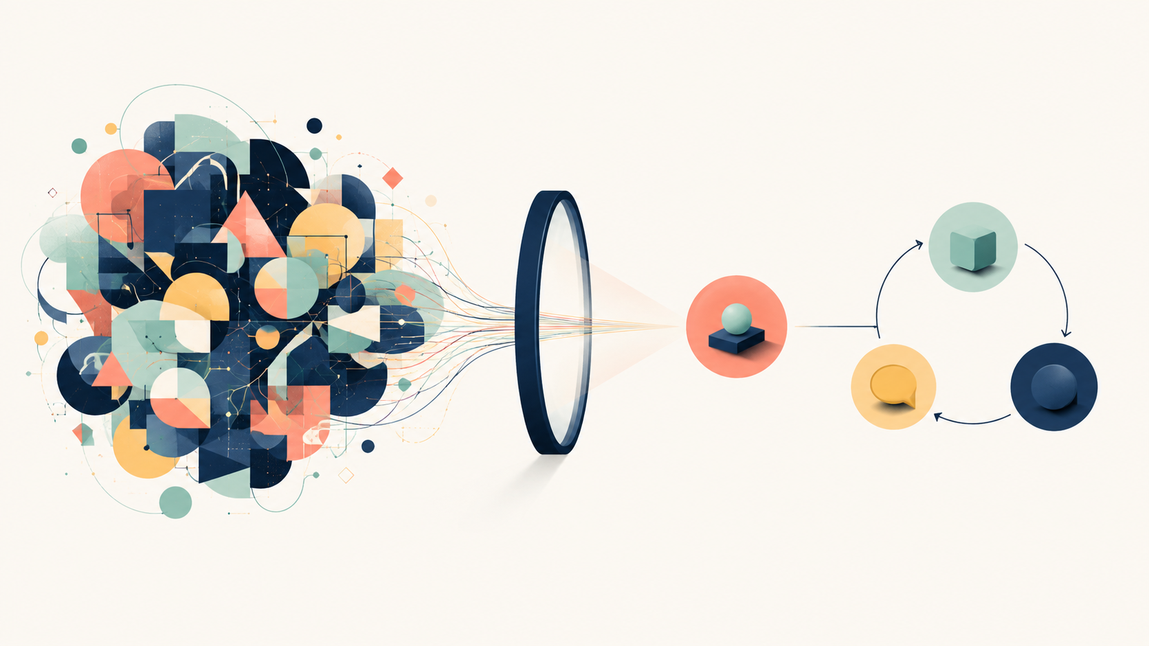 A complex set of AI tasks narrowing into one focused behaviour and a compact practice-feedback loop.