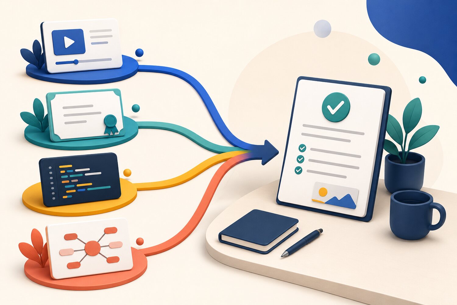 Four beginner AI learning paths converge on one checked workplace document.