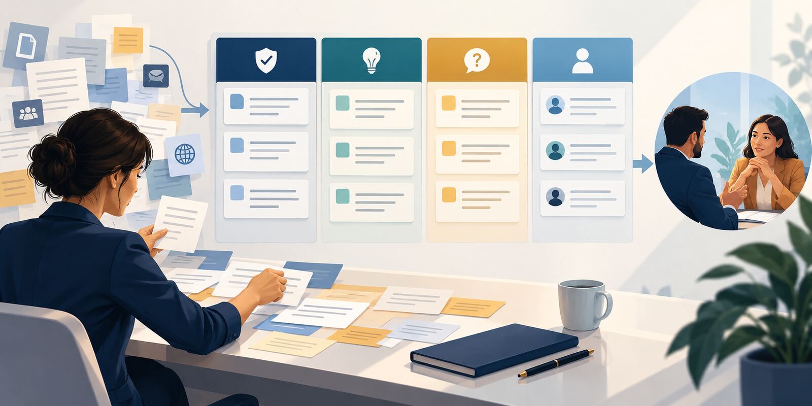 Sales professional sorting account information into verified evidence, hypotheses, open questions and follow-up owners before a discovery meeting