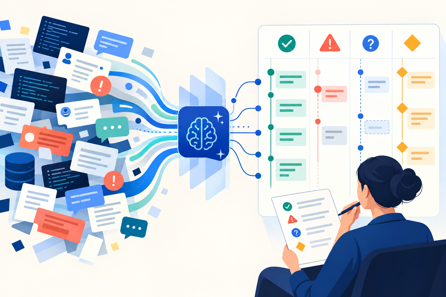 Incident notes from logs, tickets and chat becoming an evidence-tagged timeline with a human reviewer