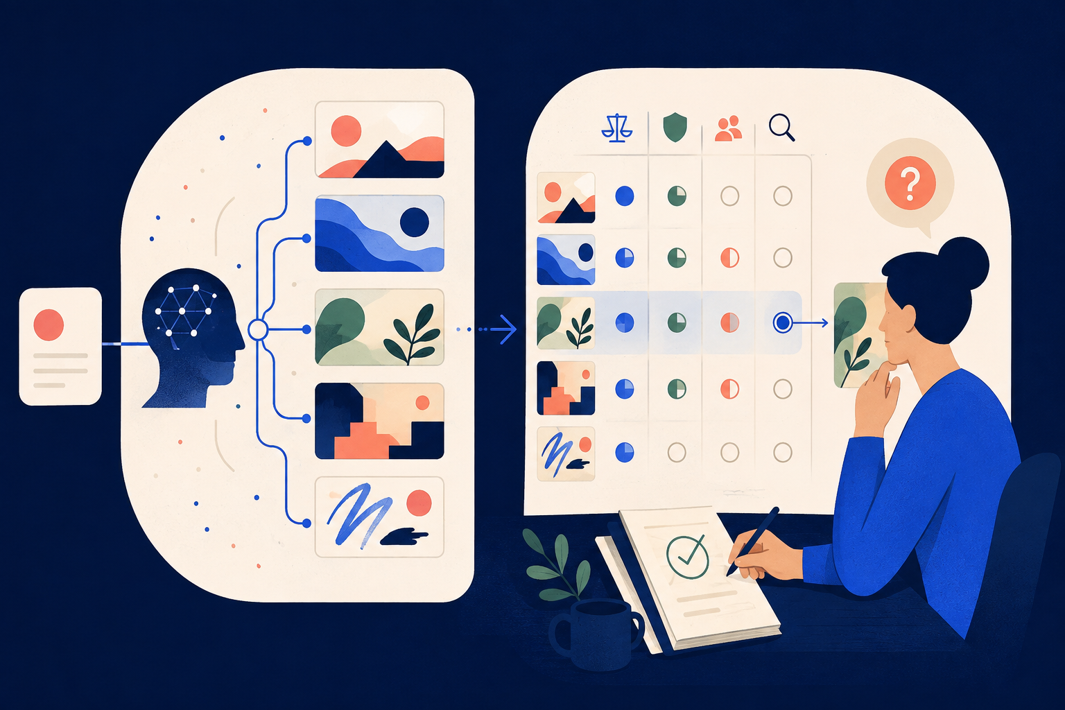 AI expands one brief into several options before a human compares criteria, challenges assumptions and records a decision.