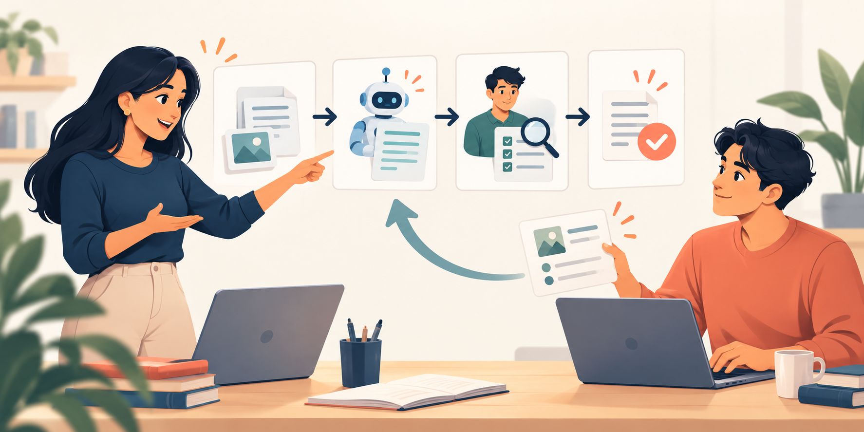 One colleague explains an AI-assisted workflow while another applies the same method to a fresh task and returns feedback