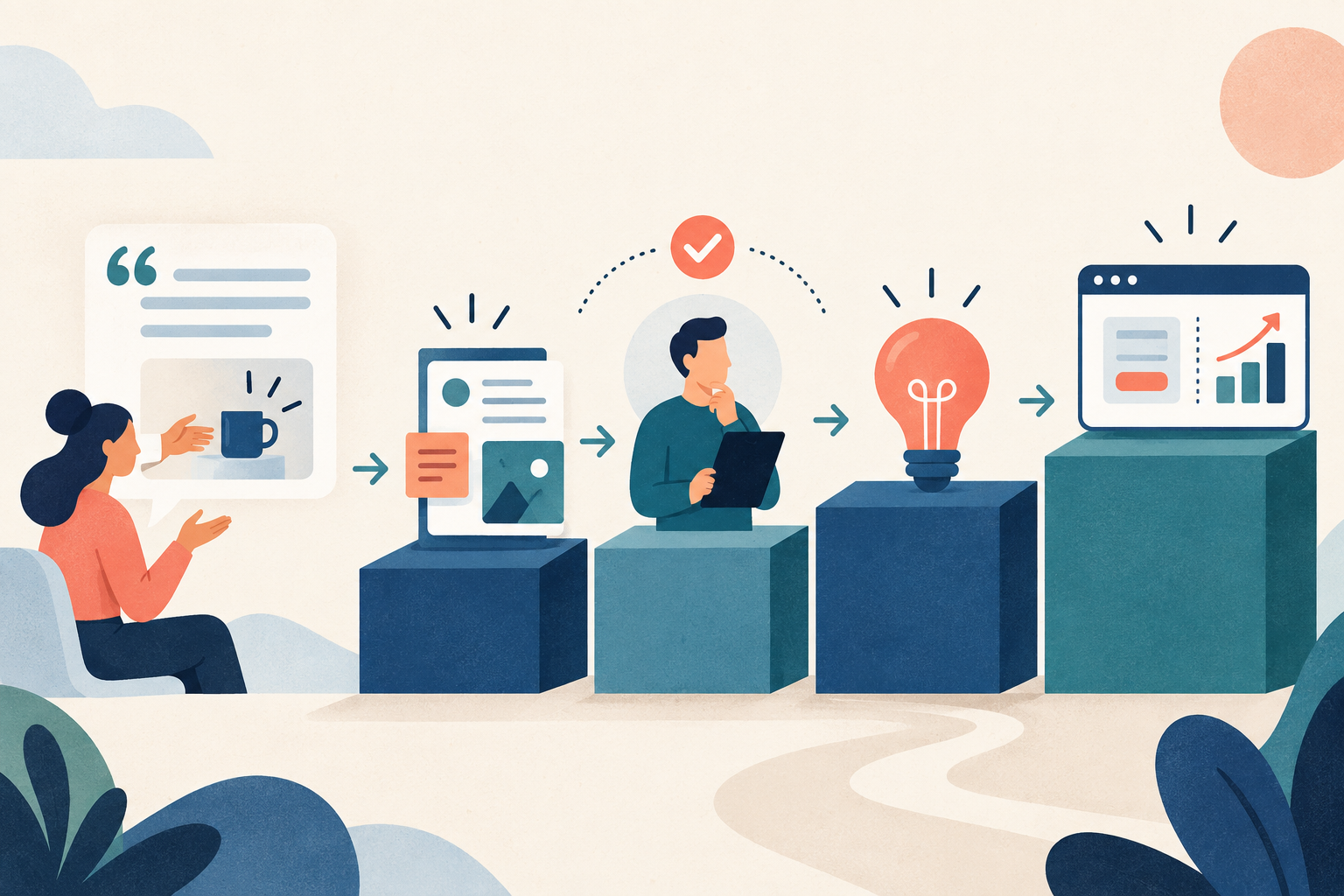 Interview evidence moving through observation, interpretation and hypothesis stages towards a small product test