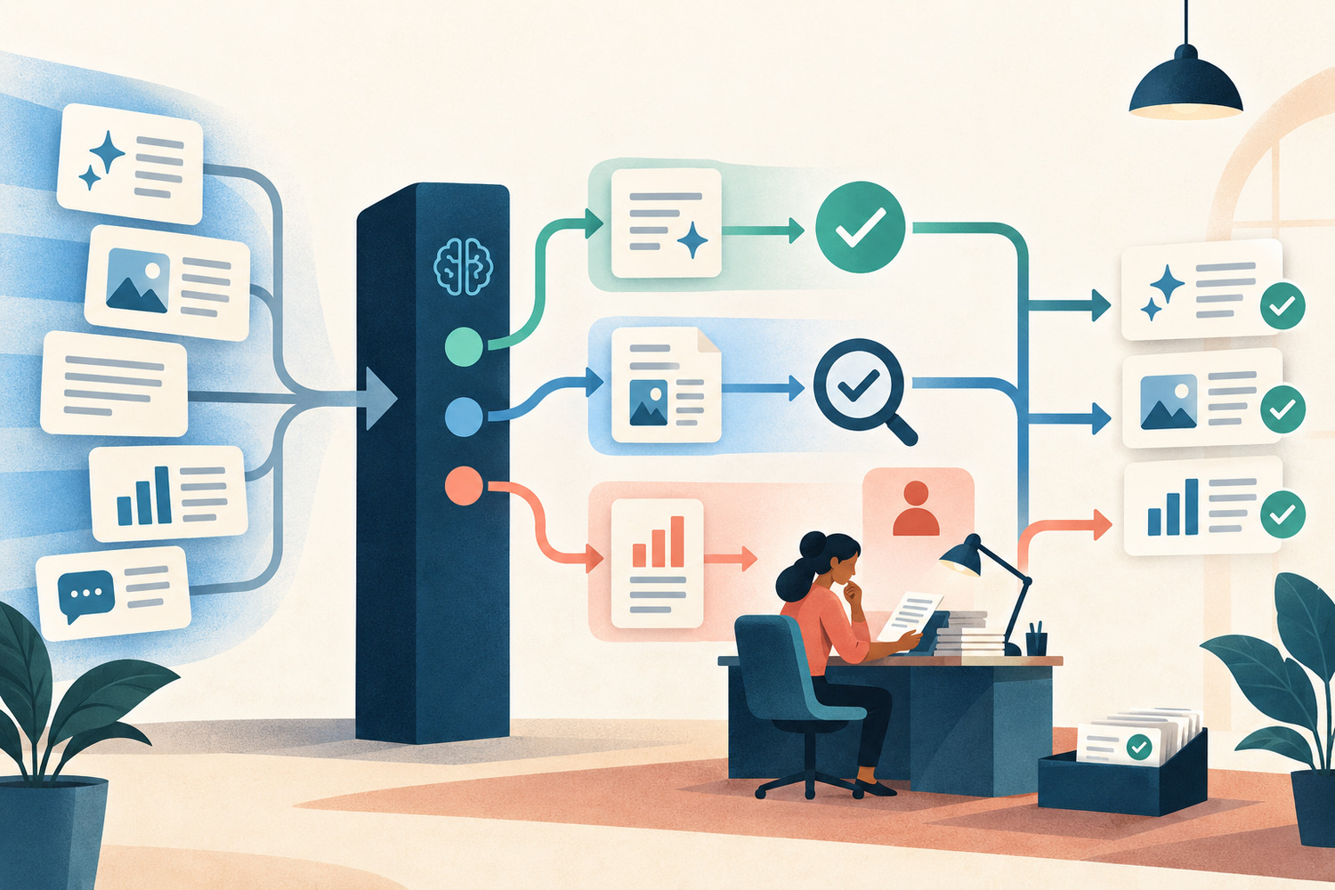 AI-generated drafts pass through light, evidence and specialist review paths before accepted work moves forward