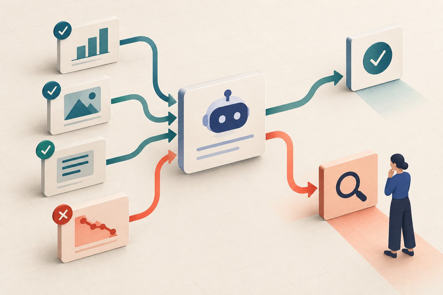 AI conclusion review showing supporting evidence and one contradictory signal routing the answer to human review
