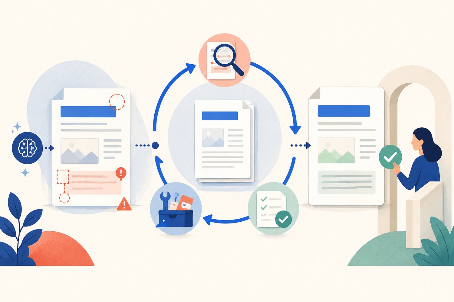 A flawed AI-generated document moves through diagnosis, repair and verification before human approval.