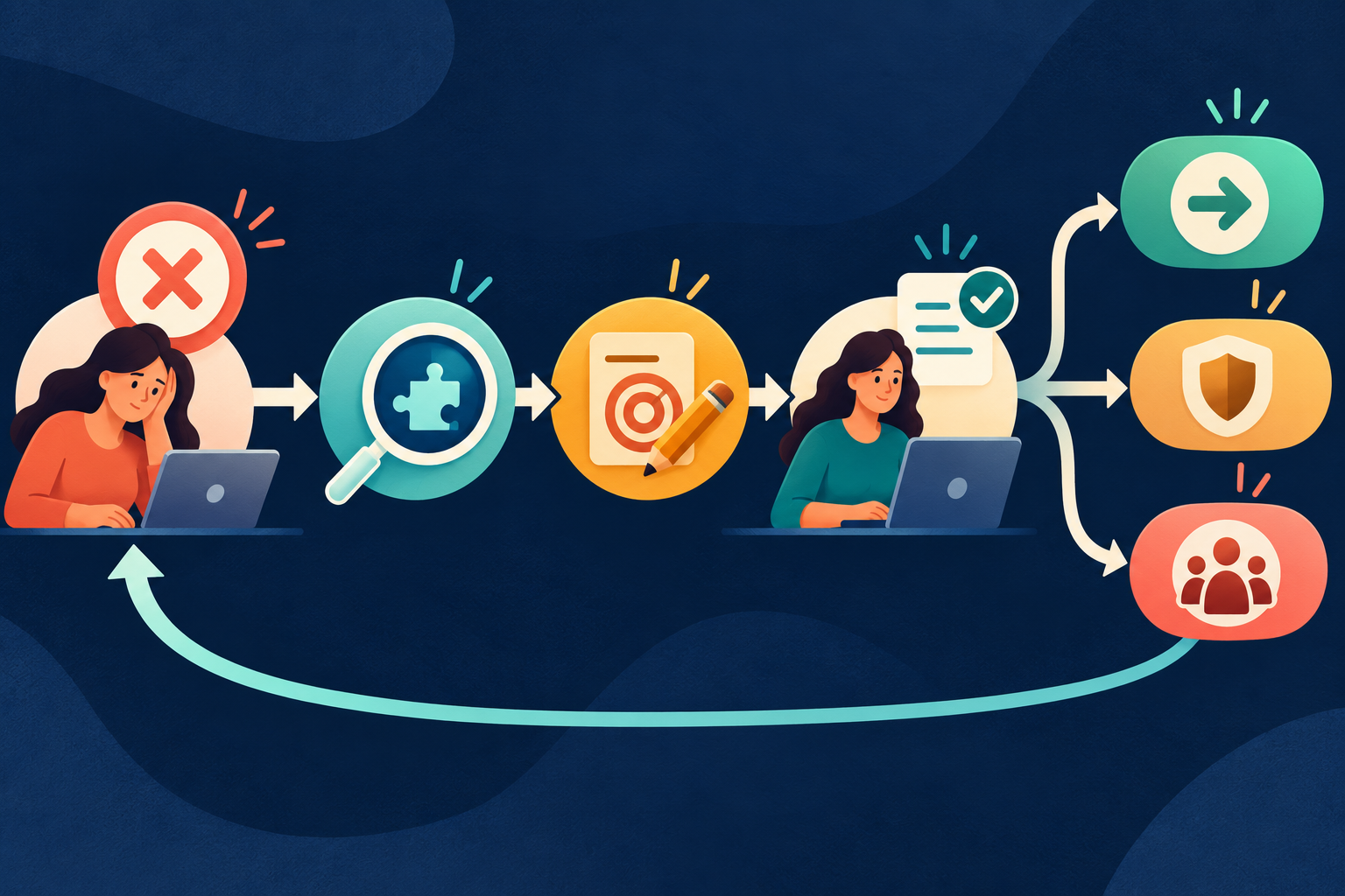 Un test pratique non réussi mène au diagnostic, à un exercice ciblé, à un nouveau test et à une décision.