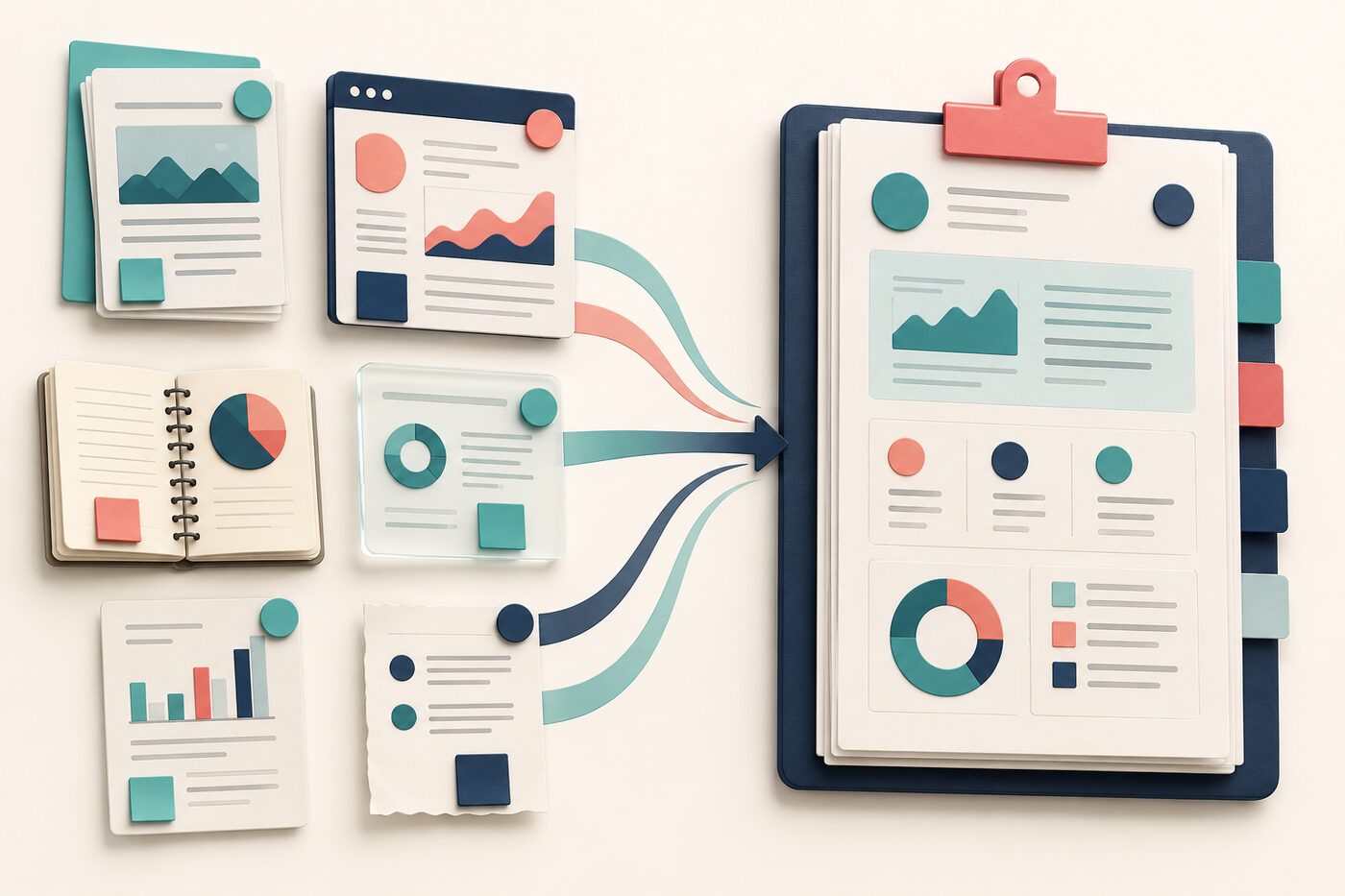 Multiple evidence sources converging into one structured sales account brief