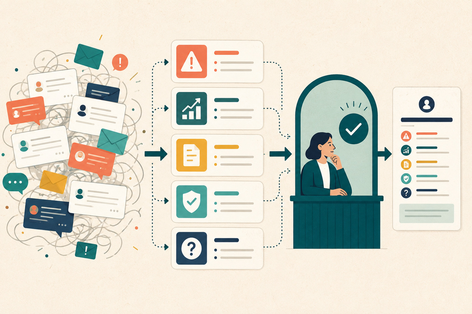 Des messages clients deviennent cinq fiches factuelles avant la validation humaine d’un brief d’escalade