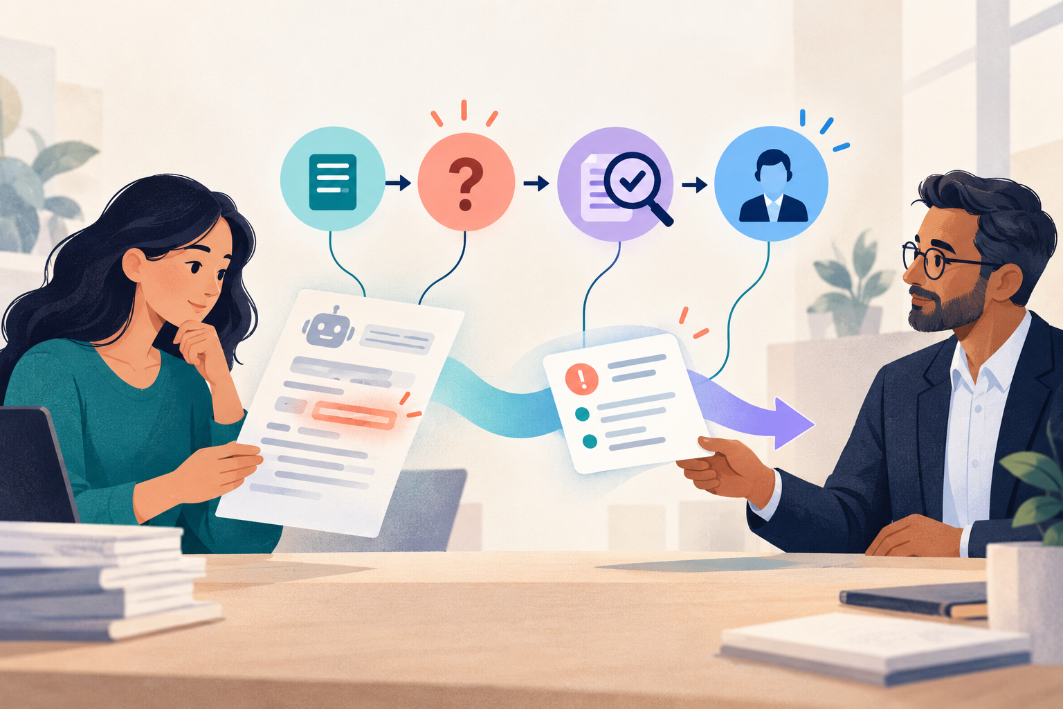 An employee turns uncertainty in an AI draft into a concise escalation message with evidence and a named decision owner.