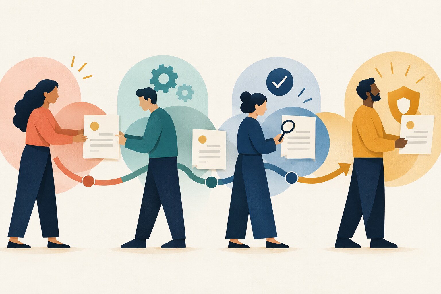 A shared work artefact passes through requester, operator, reviewer and owner roles in an AI use-case chain.