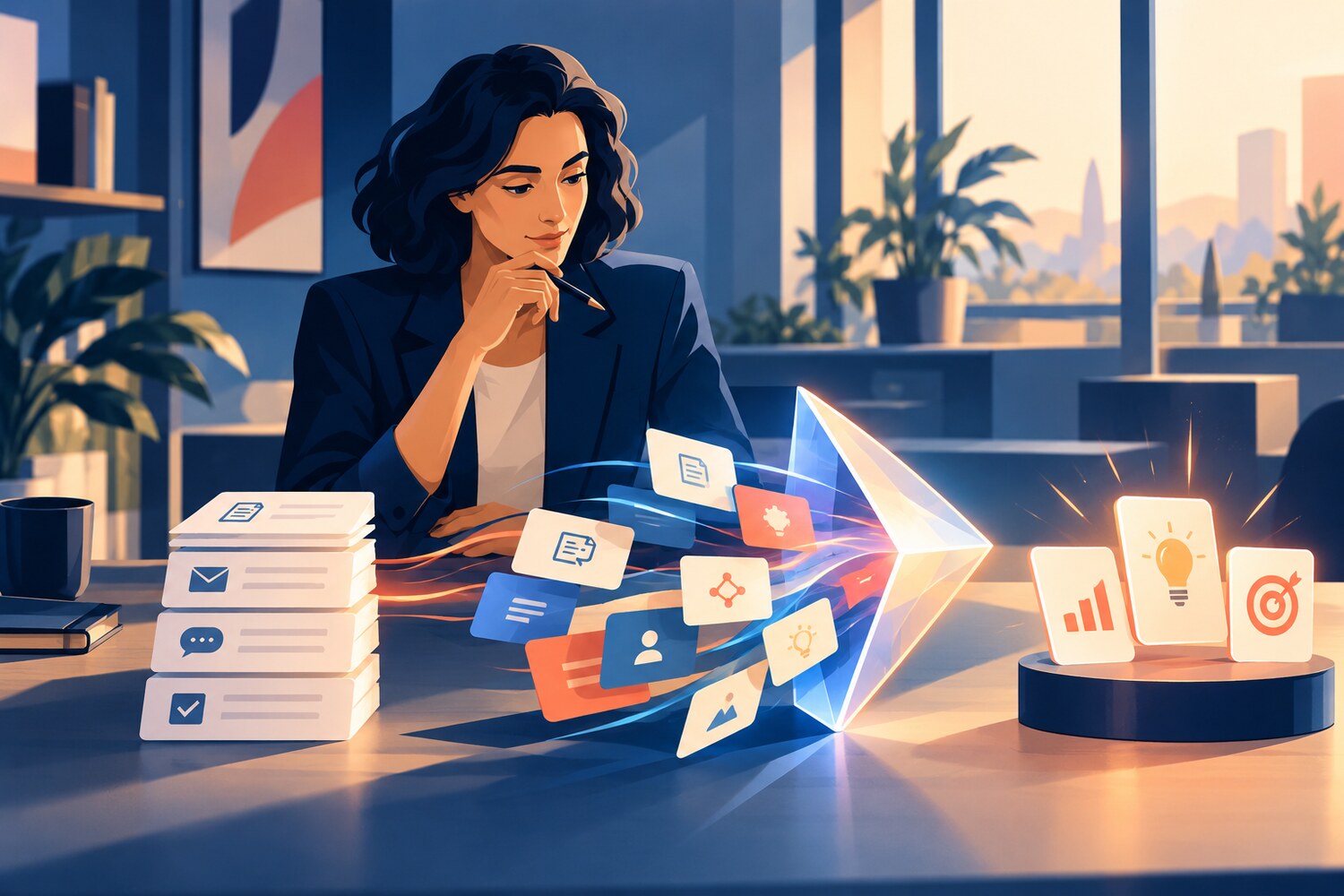 An analyst compares familiar tasks, an AI-reshaped task mix and a smaller set of valuable outcomes.