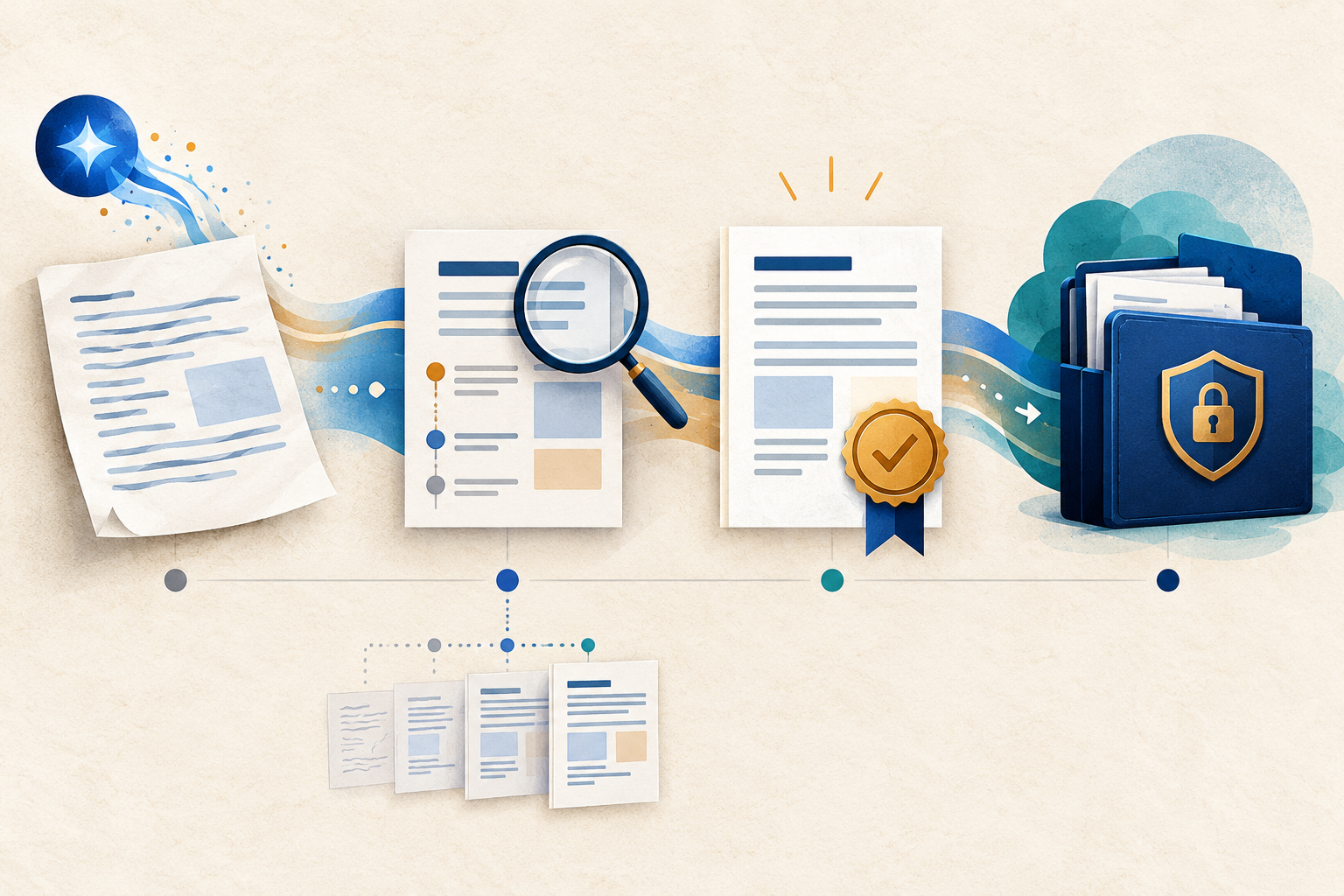 An AI draft moving through review and approval into a protected system of record