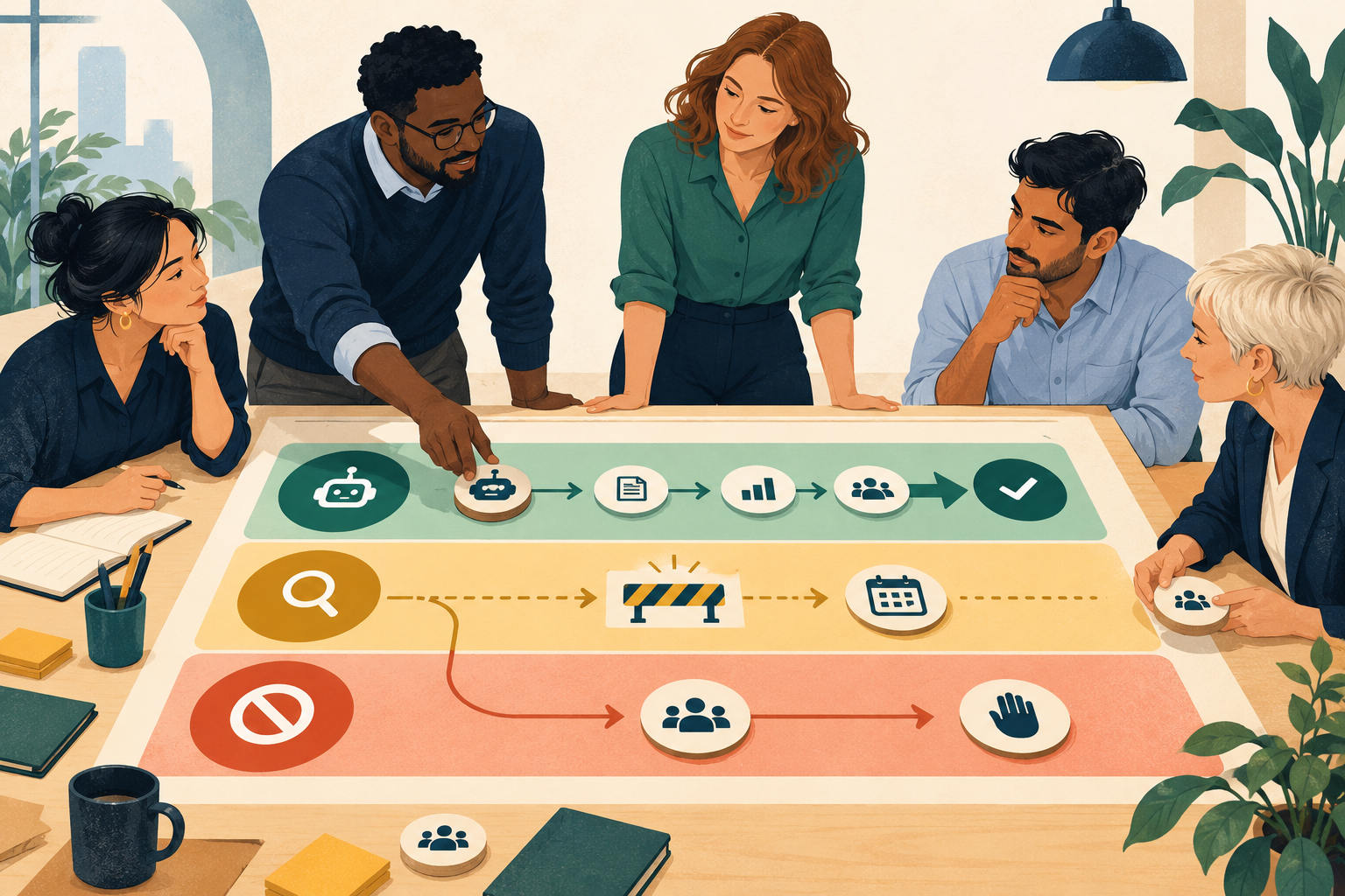 A team sorts AI tasks into approved, review and non-use paths with owners and review dates.