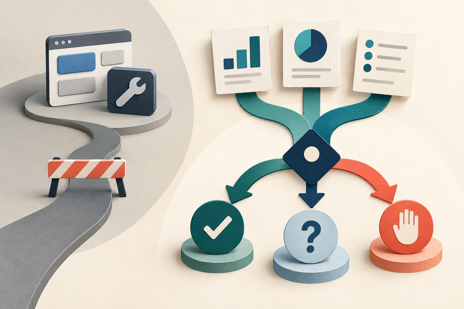 Two learning paths: one stops at software controls while the other turns evidence into a proceed, clarify or stop decision