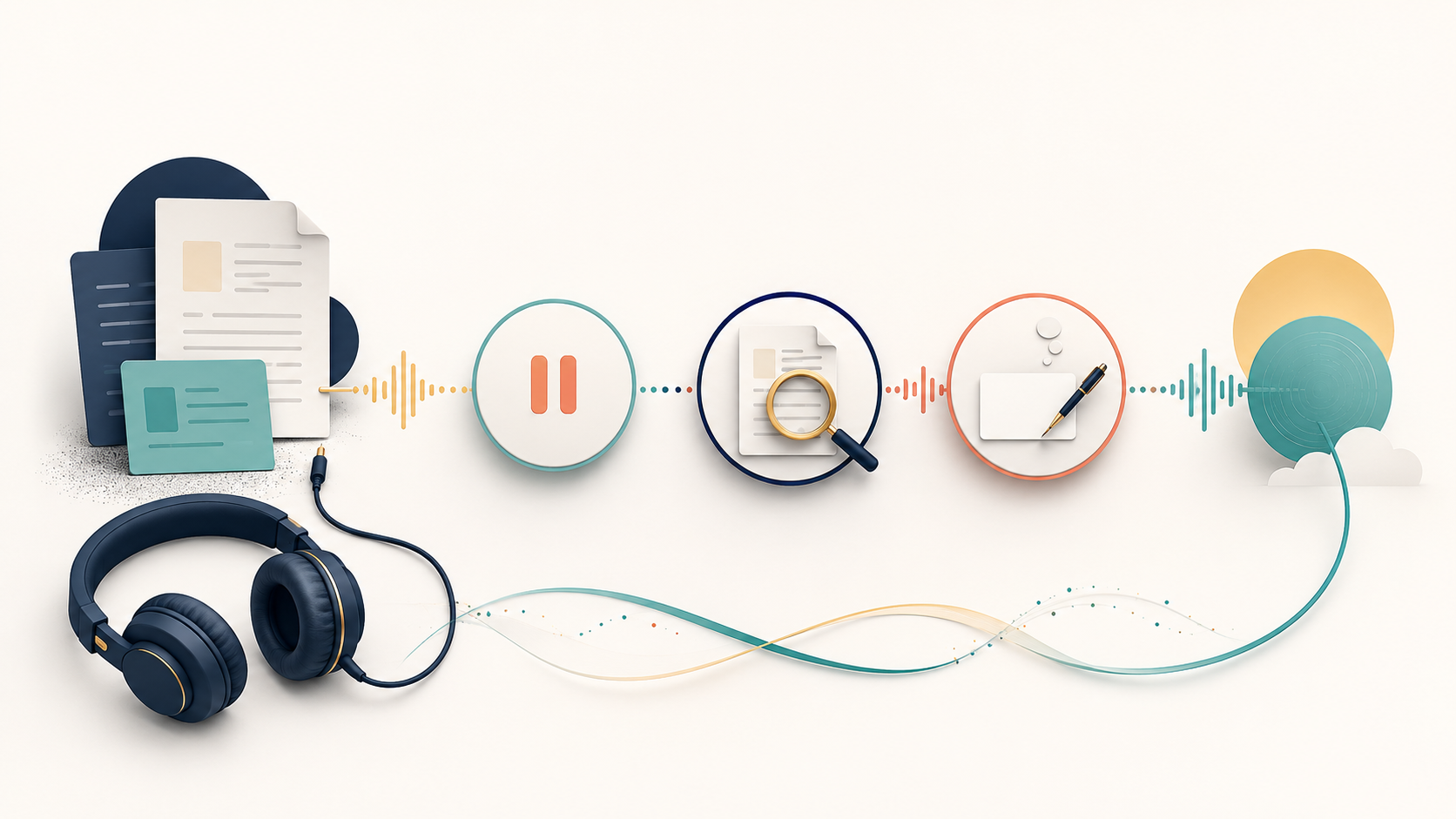 Headphones connected to source documents, with an audio waveform passing through pause, source-check and recall stages.