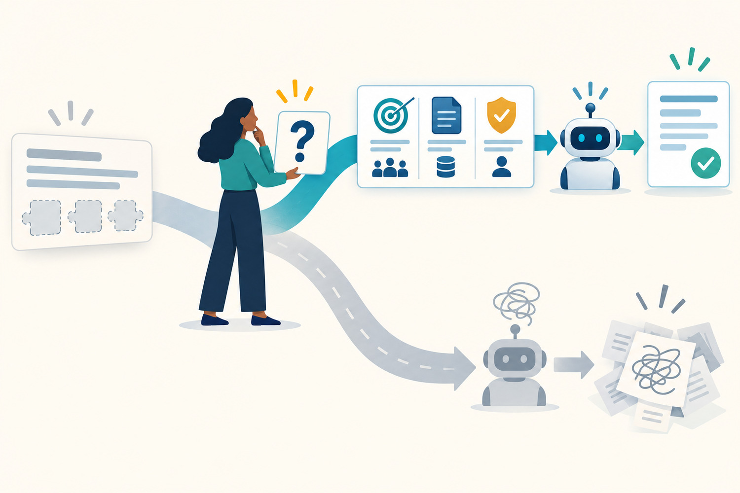 An employee pauses at an incomplete work request, asks one clarifying question and turns it into a structured brief before using AI.