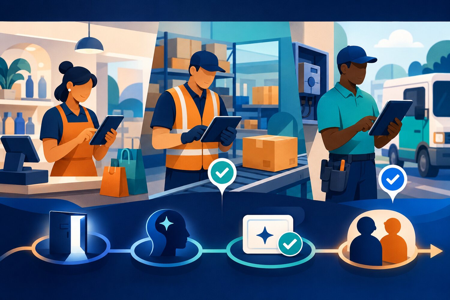 Retail, warehouse and field-service workers practise AI in short steps built around real shift tasks.