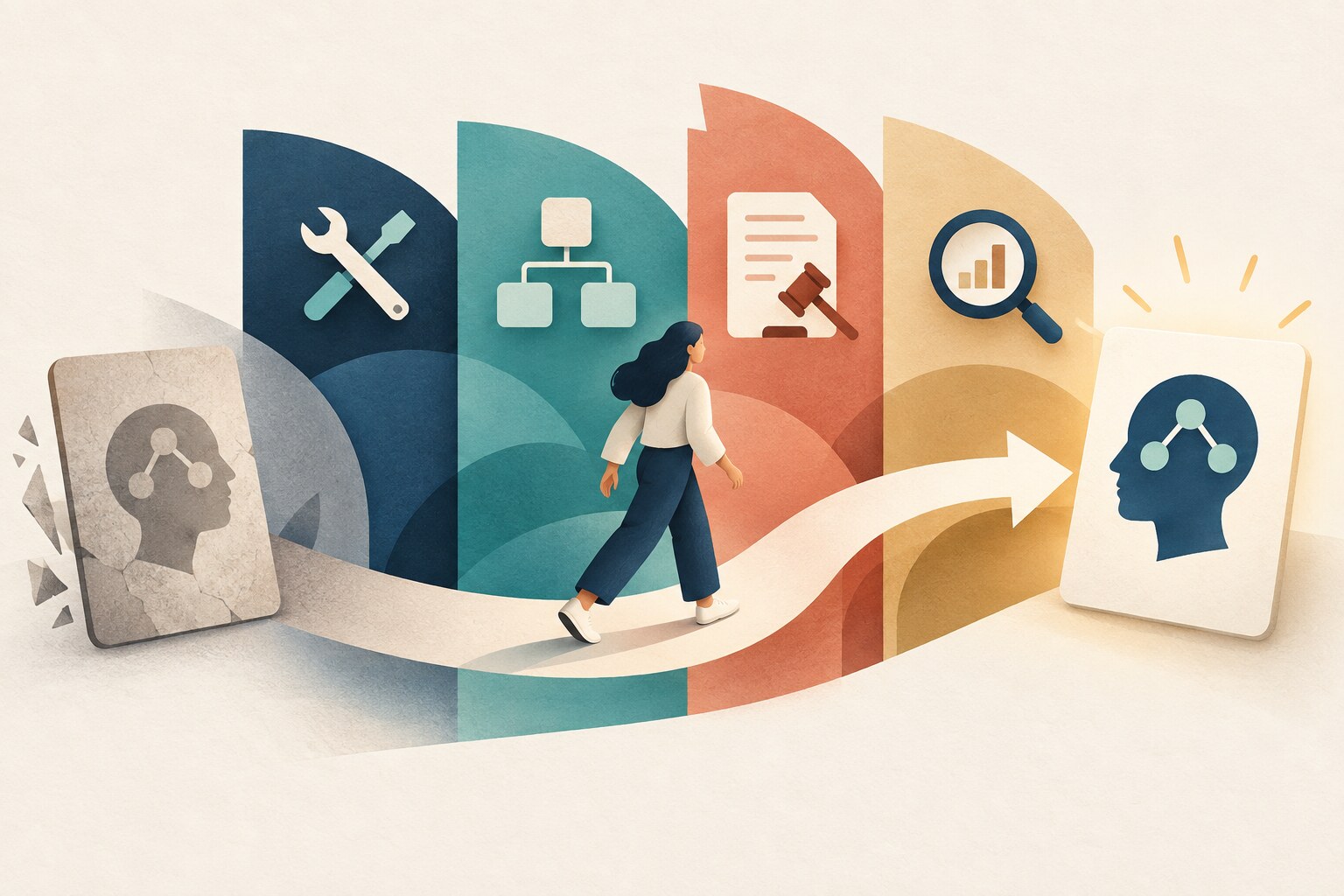 An outdated AI skill card moves through changes in tools, tasks, rules and evidence, emerging refreshed.