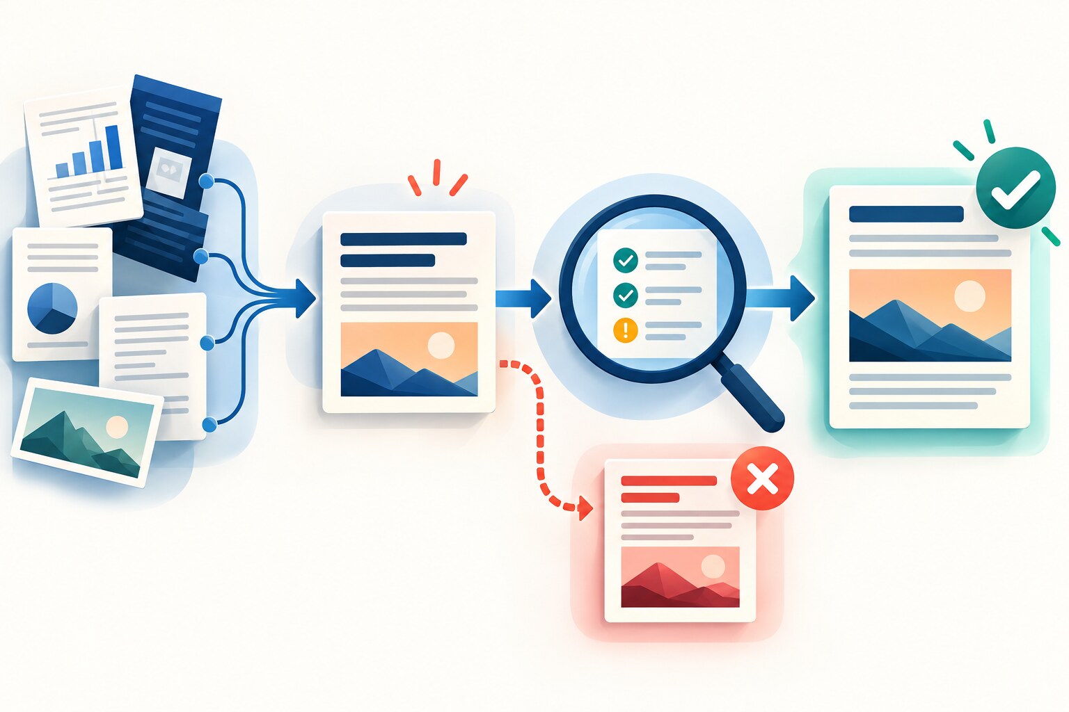 AI marketing copy moves from source evidence through review to approved claims while an unsupported claim is rejected