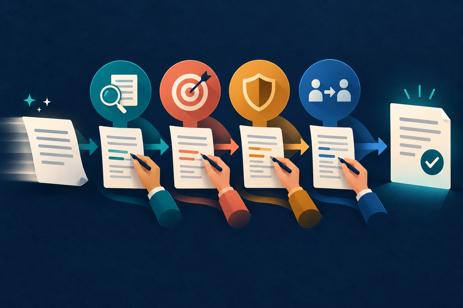 An AI draft passing through four human review gates for evidence, task fit, risk and ownership.