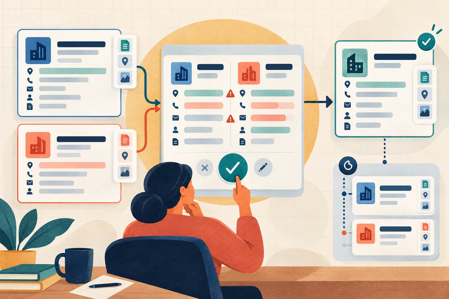 Two supplier records compared at a human review gate, with conflicts flagged and both originals retained in an audit trail
