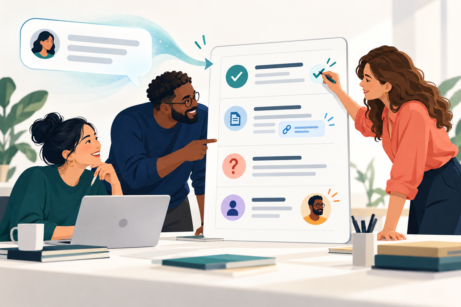 Une réponse Copilot devient une page partagée avec des zones pour la décision, les preuves, les questions et les responsables