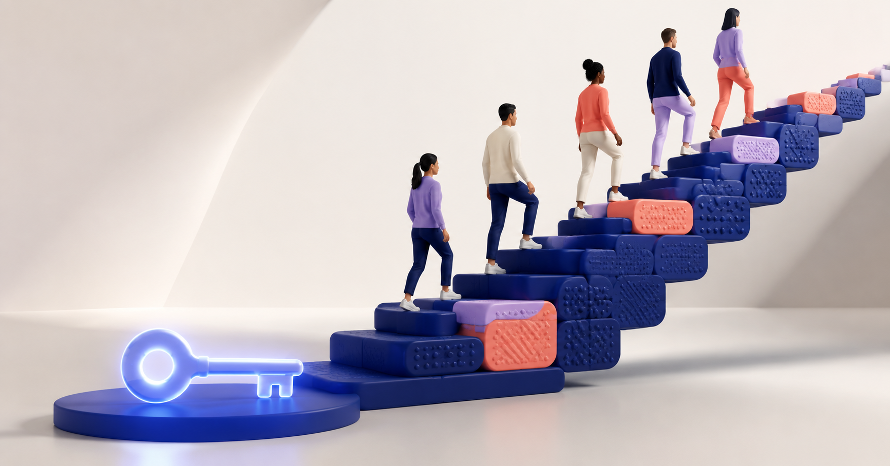 A glowing access key sits at the foot of a staircase built from practice blocks while a diverse team climbs upward.