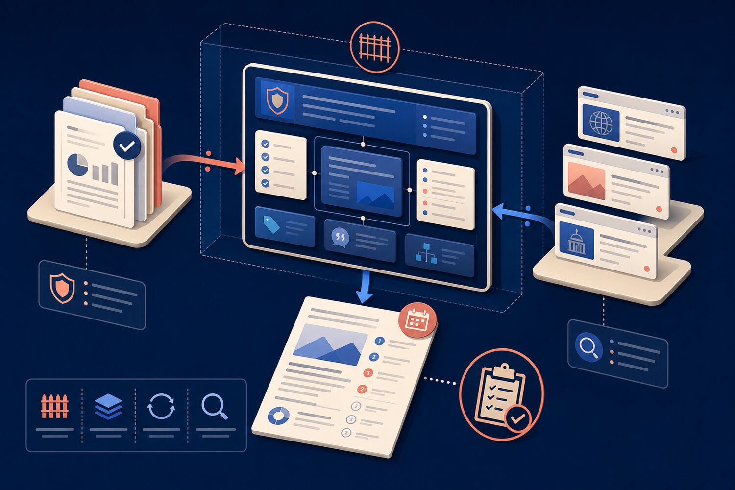 Un espace de recherche structuré transforme des documents internes validés et des sources web récentes en brief vérifiable