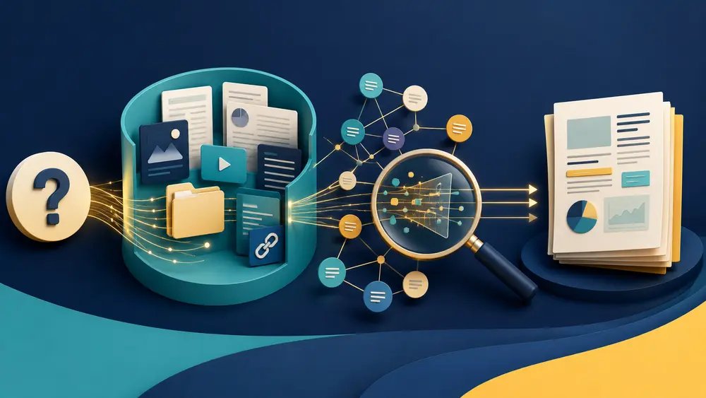 A focused question moving through selected files, web sources and evidence checks into a cited research briefing.