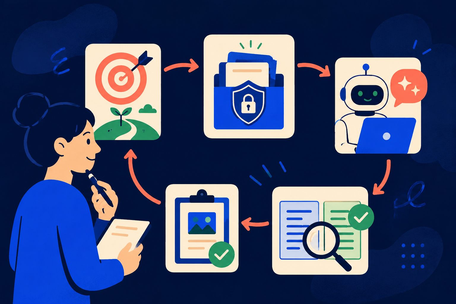 Eine Anfängerin durchläuft eine sichere KI-Übung: Aufgabe wählen, Quelle vorbereiten, Entwurf erstellen, prüfen und eine verifizierte Arbeitsprobe sichern.