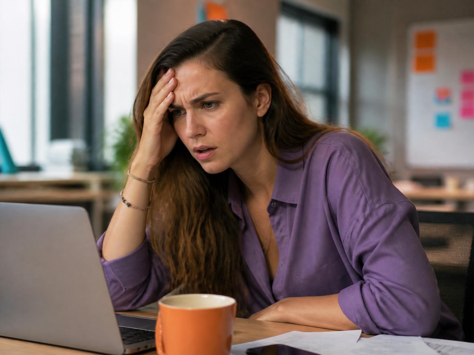 An employee at her desk struggling to get useful results from an AI tool